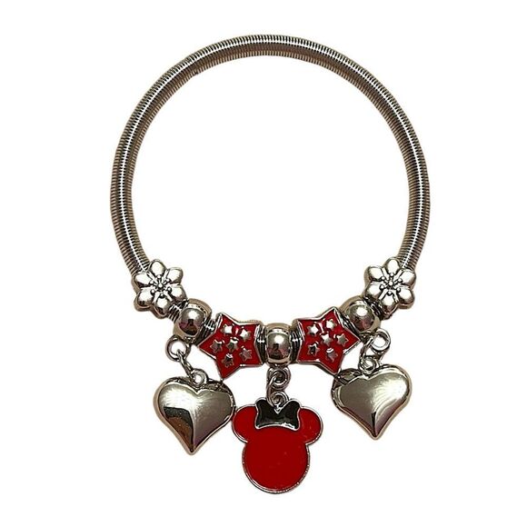 Red Minnie Mouse Heart Stretchy Silver Tone Charm Bracelet NWT - Picture 1 of 2
